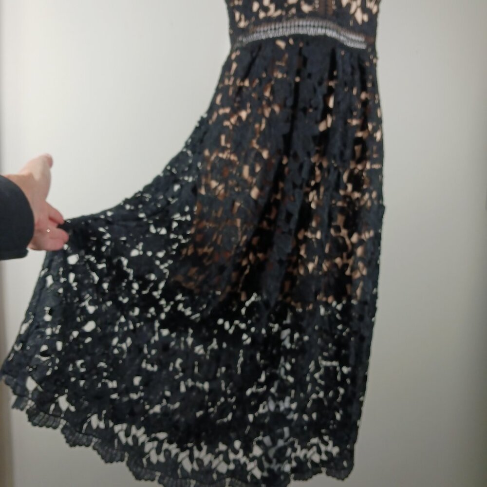 Just Me, Black Lace Midi Dress, LRG, Nude Mini Length Lining Sleeveless Cocktail - Picture 7 of 16